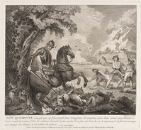 KG 12947
<br/>
Don Quichot ziet een kudde schapen aan voor een leger.
<br/>
<em>Ravenet, Simon François I (1706-1774)</em>
